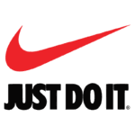 Logotipo da Nike com a famosa frase "Just Do It", destacando o swoosh vermelho sobre fundo branco e texto negro, simbolizando motivação e desempenho esportivo.