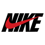 Logo da Nike, com a palavra "NIKE" em letras maiúsculas pretas e o famoso swoosh vermelho, representando a marca de roupas e calçados esportivos.