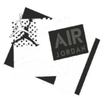 Design gráfico representando a marca Air Jordan, com ilustrações estilizadas de um jogador de basquete em ação, incluindo ações de salto e drible, em um fundo preto e branco com texturas.