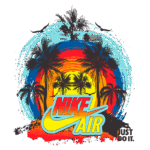 Design colorido com o logotipo da Nike Air em destaque, cercado por palmeiras e um fundo com as cores do pôr do sol. Inclui a frase "Just Do It". Ideal para estilo de vida ativo e moda urbana.