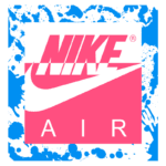 Logo da Nike, destacando o design "Air" em rosa sobre um fundo azul com efeito artístico. Ideal para representar produtos de moda esportiva.