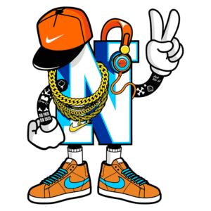 Personagem estilizado da letra "N", usando boné laranja, fone de ouvido e correntes de ouro. Ele está vestido com uma camiseta oversized e tênis Nike laranja, trazendo uma pose descontraída e atitude urbana. Arte digital com elementos de streetwear.