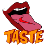 Ilustração de uma boca com lábios vermelhos e língua rosada, com o logotipo da Nike na língua, acompanhada da palavra "TASTE" em letras grandes e estilizadas, representando uma conexão entre sabor e estilo.