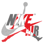 Logotipo da Nike Air com a silhueta de um jogador de basquete em destaque, simbolizando desempenho e estilo em produtos esportivos.