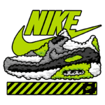 Imagem estilizada de um tênis Nike, destacando tons de verde, preto e cinza, com o logotipo da Nike em destaque. O design moderno dá uma aparência vibrante e dinâmica, ideal para colecionadores e entusiastas de moda.