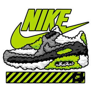 Imagem estilizada de um tênis Nike, destacando tons de verde, preto e cinza, com o logotipo da Nike em destaque. O design moderno dá uma aparência vibrante e dinâmica, ideal para colecionadores e entusiastas de moda.