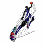 Ilustração de um jogador de basquete estilizado em ação, saltando para fazer uma cesta. O atleta veste um uniforme azul e utiliza um tênis da marca Nike, com destaque em cores vibrantes. O design transmite movimento e dinamismo, enfatizando a performance no esporte.