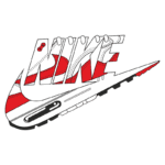 Logotipo estilizado da Nike, apresentando as letras em uma combinação de cores vermelha e branca com elementos gráficos que lembram um tênis.
