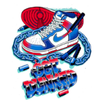 Tênis Nike Dunk ilustrado com cores vermelha, azul e branca, cercado por uma corrente e detalhes gráficos em estilo urbano com a frase "Get Dunked". Ideal para promover produtos de streetwear e cultura sneaker.