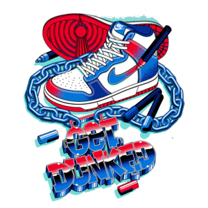 Tênis Nike Dunk ilustrado com cores vermelha, azul e branca, cercado por uma corrente e detalhes gráficos em estilo urbano com a frase "Get Dunked". Ideal para promover produtos de streetwear e cultura sneaker.