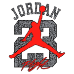 Logo do Air Jordan com a silhueta de um jogador em salto, exibindo o número 23 em destaque, simbolizando a marca de Michael Jordan e a cultura do basquete.