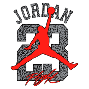 Logo do Air Jordan com a silhueta de um jogador em salto, exibindo o número 23 em destaque, simbolizando a marca de Michael Jordan e a cultura do basquete.