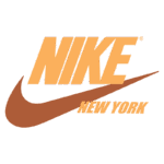 Logotipo da Nike com as palavras "Nike" e "New York", apresentando as cores laranja e marrom, simbolizando a marca icônica de roupas e calçados esportivos.