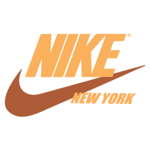 Logotipo da Nike com as palavras "Nike" e "New York", apresentando as cores laranja e marrom, simbolizando a marca icônica de roupas e calçados esportivos.