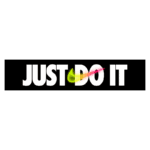 Logo da Nike com a frase "JUST DO IT", apresentando letras em branco sobre um fundo preto, acompanhada por elementos coloridos que destacam a mensagem motivacional.