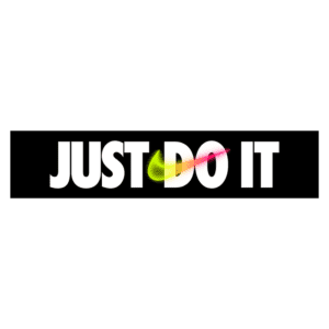 Logo da Nike com a frase "JUST DO IT", apresentando letras em branco sobre um fundo preto, acompanhada por elementos coloridos que destacam a mensagem motivacional.