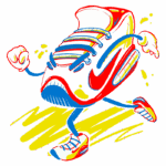 Imagem de um tênis estilizado da Nike, colorido em vermelho e azul, com braços e pernas, correndo em um fundo amarelo. A arte é divertida e dinâmica, destacando a energia e o movimento associados ao uso de tênis de corrida.