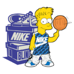 Bart Simpson vestido com camiseta Nike e segurando uma bola de basquete em frente a uma caixa de tênis Nike, em estilo gráfico colorido e moderno.