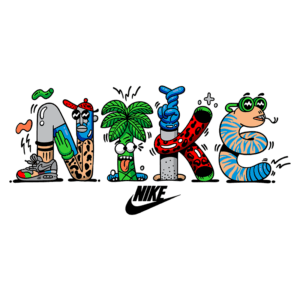 Ilustração colorida das letras "Nike" estilizadas com elementos divertidos, como personagens antropomórficos e detalhes vibrantes, representando sneakers e uma palmeira. Logotipo da Nike posicionado abaixo.