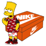 Bart Simpson vestido com roupas da Nike, segurando um doce e posando ao lado de uma caixa de tênis da Nike. A imagem destaca a combinação de estilo urbano e a popularidade da marca entre os jovens.