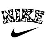 Logotipo da Nike com o nome "NIKE" em fonte estilizada e padrão camuflado, acompanhado pelo famoso símbolo Swoosh da marca.