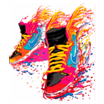 Tênis coloridos com detalhes vibrantes em azul, laranja, amarelo e vermelho, criando efeito de tinta esguichada, simbolizando estilo e movimento.