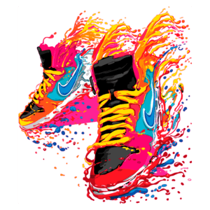 Tênis coloridos com detalhes vibrantes em azul, laranja, amarelo e vermelho, criando efeito de tinta esguichada, simbolizando estilo e movimento.