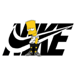 Bart Simpson vestido com camiseta da Nike, posando em frente ao logotipo da marca, com calças rasgadas e tênis estilizados, representando a cultura pop e a moda urbana.