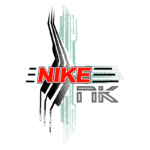 Logotipo estilizado da Nike com elementos gráficos em preto e verde, destacando-se a palavra "NIKE" em vermelho.