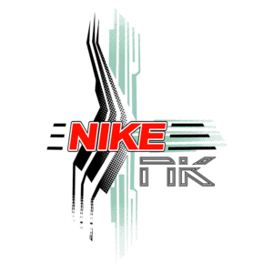 Logotipo estilizado da Nike com elementos gráficos em preto e verde, destacando-se a palavra "NIKE" em vermelho.