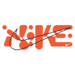 Logotipo da Nike em laranja, representando a marca com um design moderno e estilizado, incluindo o famoso símbolo da Swoosh e elementos gráficos.
