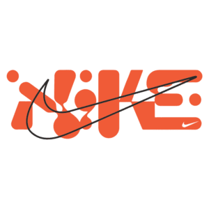 Logotipo da Nike em laranja, representando a marca com um design moderno e estilizado, incluindo o famoso símbolo da Swoosh e elementos gráficos.