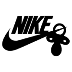 Logotipo da Nike com um bico de bebê, representando uma fusão criativa entre esportes e infância.