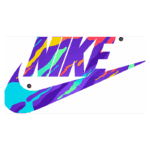 Logotipo da Nike com um design vibrante e colorido, apresentando as letras "NIKE" em uma fonte ousada e o famoso swoosh em um padrão de cores variadas. Ideal para representar a marca de moda e calçados esportivos.