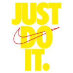 Imagem do famoso slogan da Nike "Just Do It" em letras grandes amarelas com a swoosh vermelha. O design transmite uma mensagem de motivação e determinação, representando a filosofia da marca.