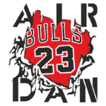 Design gráfico com o logo dos Chicago Bulls e o número 23, representando Michael Jordan, em um fundo com detalhes de rasgado, destacando a frase "AIR DAN". Ideal para fãs de basquete e cultura pop.