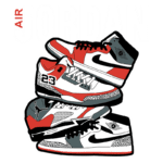 Imagem ilustrativa de tênis Air Jordan, destacando três modelos com cores vermelha, preta e branca, com detalhes icônicos da marca, ideal para fãs de moda e basquete.