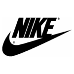 Logo da Nike em preto e branco, representando a marca de roupas e calçados esportivos, conhecida mundialmente pela inovação e estilo em produtos para atletas.