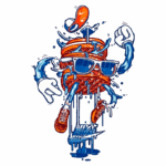 Personagem divertido e colorido, representando um lanche estilizado usando óculos escuros, correndo com água escorrendo. O design inclui tênis e um boné, transmitindo uma sensação de energia e movimento. Ideal para ilustrações de cultura pop ou moda urbana.