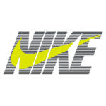 Logo da Nike em fundo claro, com o icônico swoosh amarelo destacado, representando a marca de artigos esportivos e moda.