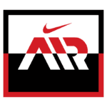 Logotipo da Nike Air, destacando as cores vermelho, preto e branco, com a icônica marca "AIR" em um design moderno e ousado.