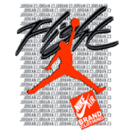 Imagem do logotipo Jumpman da Nike, apresentando a silhueta de um jogador de basquete em movimento, acompanhado da palavra "FLIGHT" em destaque e repetições do nome "Jordan 23" ao fundo. Ideal para fãs de moda esportiva e streetwear.