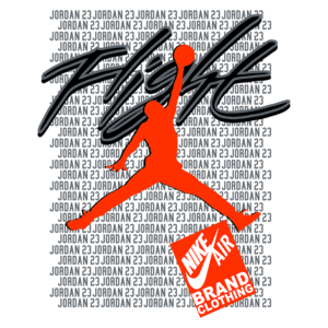 Imagem do logotipo Jumpman da Nike, apresentando a silhueta de um jogador de basquete em movimento, acompanhado da palavra "FLIGHT" em destaque e repetições do nome "Jordan 23" ao fundo. Ideal para fãs de moda esportiva e streetwear.