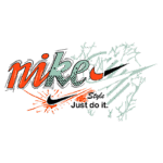 Design gráfico da marca Nike apresentando o logotipo estilizado com as palavras "Just do it" em destaque, em uma combinação de cores vibrantes, como laranja e preto, com elementos gráficos dinâmicos.