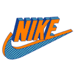 Logotipo da Nike em estilo pop art, com as palavras "NIKE" em cores vibrantes, laranja e azul, acompanhadas pelo icônico símbolo de "swoosh".