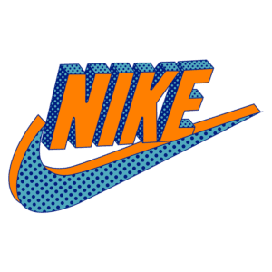Logotipo da Nike em estilo pop art, com as palavras "NIKE" em cores vibrantes, laranja e azul, acompanhadas pelo icônico símbolo de "swoosh".