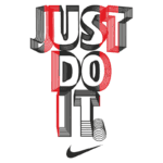 Texto estilizado da famosa frase "Just Do It" da Nike, em cores preto e vermelho, com o logo da marca na parte inferior.