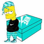 Personagem de desenho animado com cabelo estilizado, vestindo roupa da Nike, ao lado de uma caixa de tênis Nike. Ideal para temas de moda e cultura pop.