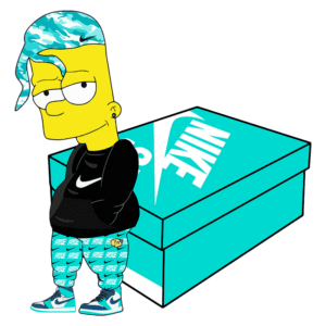 Personagem de desenho animado com cabelo estilizado, vestindo roupa da Nike, ao lado de uma caixa de tênis Nike. Ideal para temas de moda e cultura pop.