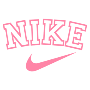 Logotipo da Nike em cor rosa, com a palavra "NIKE" em destaque e o símbolo da marca ao lado, representando estilo e esportividade.